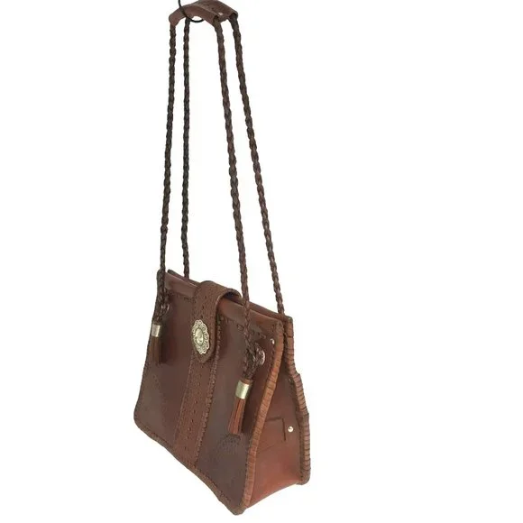 Brown Leather Southwestern Shoulder Bag Two Handle Concho Handmade Morocco - Picture 13 of 15